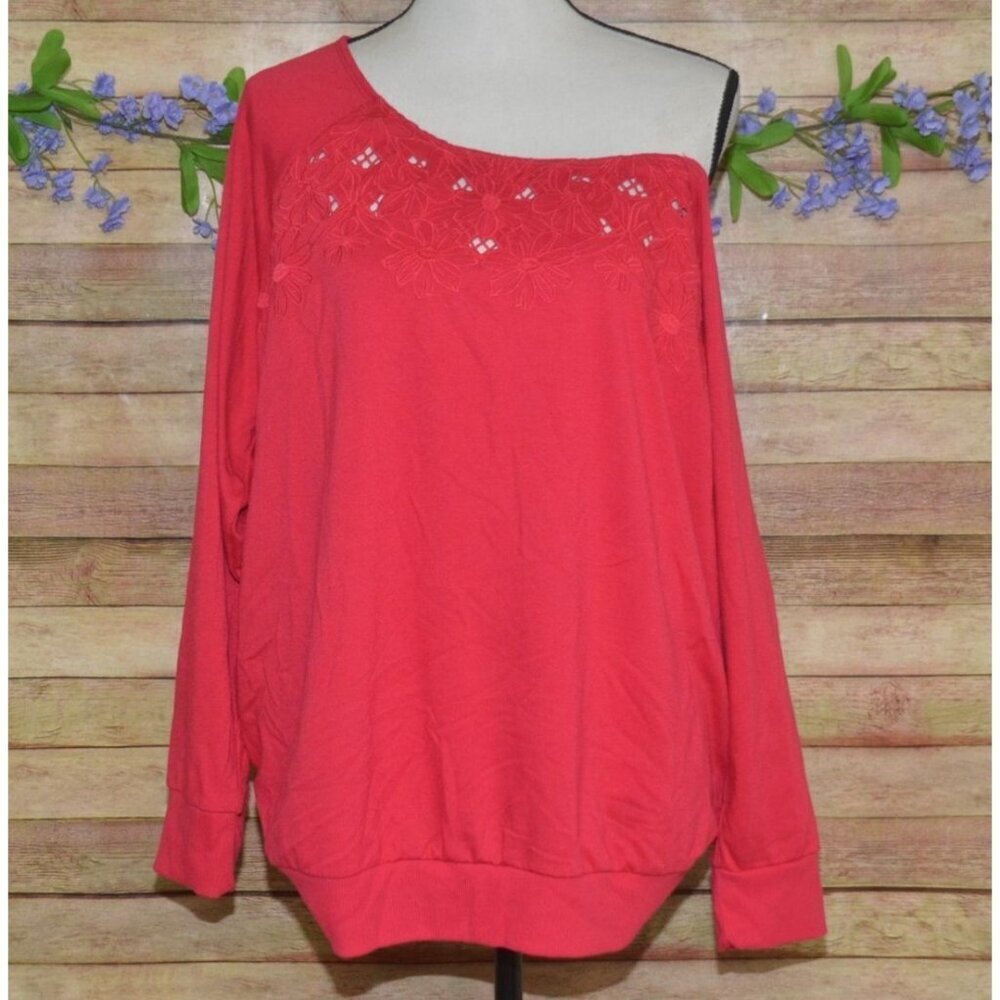 Torrid Women's Red Floral Open Weave Off Shoulder Sweatshirt Plus Size 2 2X